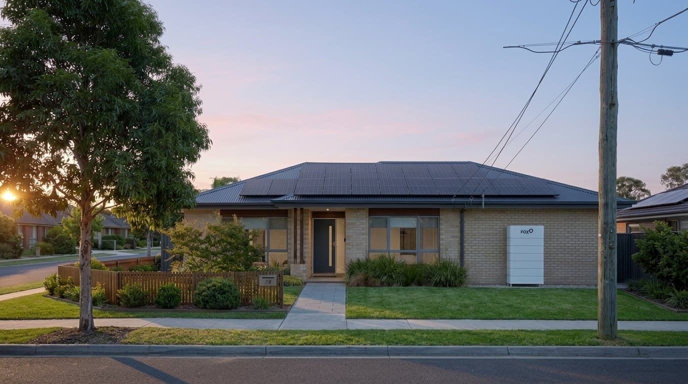 A single-storey brick home at sunrise with solar panels across the roof and a white Fox ESS battery on the front wall
