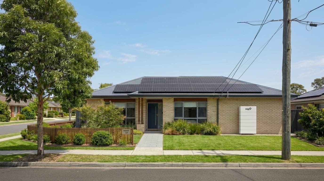 A single-storey brick home in full midday sun with solar panels on the roof and a white Fox ESS battery on the side wall