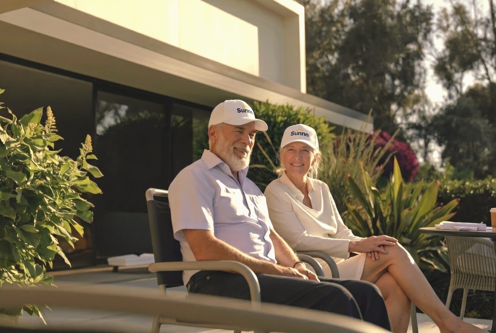 An older couple in Sunnn caps relaxing on the sunny patio of a modern home surrounded by garden