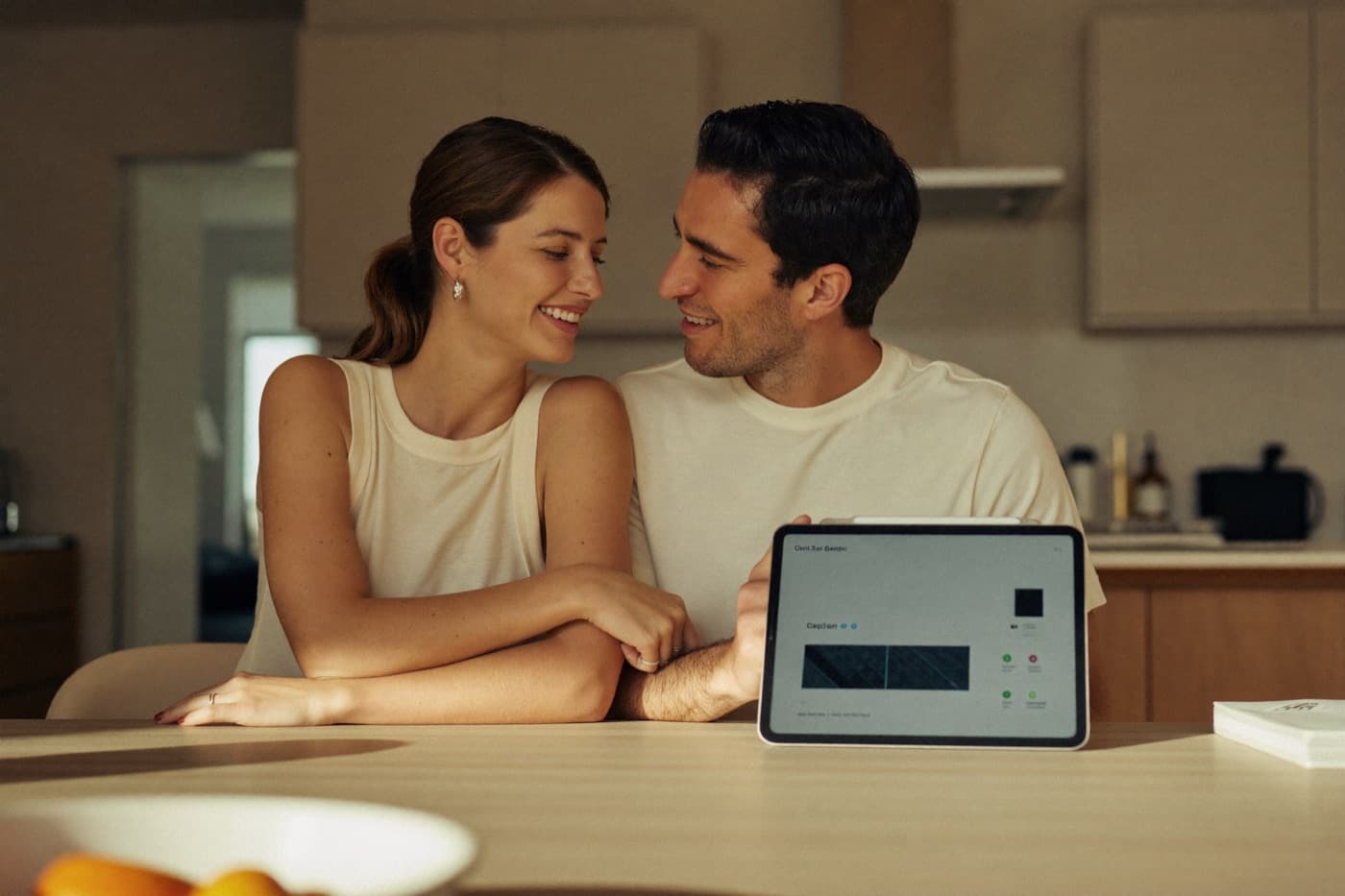 A couple at a kitchen bench looking over a system design on a tablet